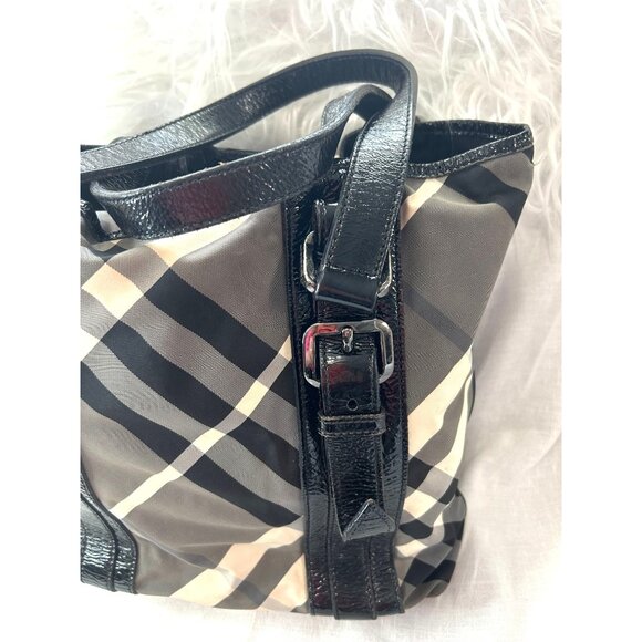 Burberry Lowry Neat Nova Check Nylon & Patent Leather Tote Bag, Black Straps & B - Picture 4 of 16